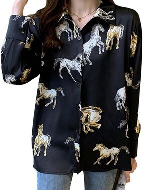 Black Horse Print Button-Up Blouse